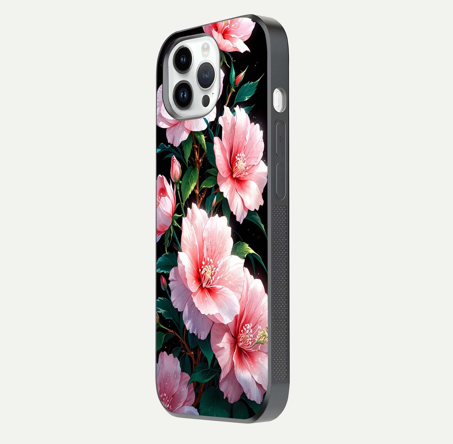 Peach Flower Glass Case for iPhone 14 Pro side-angle image showing gloss depth and peach blossom detail