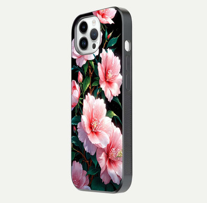 Peach Flower Glass Case for iPhone 14 Pro side-angle image showing gloss depth and peach blossom detail