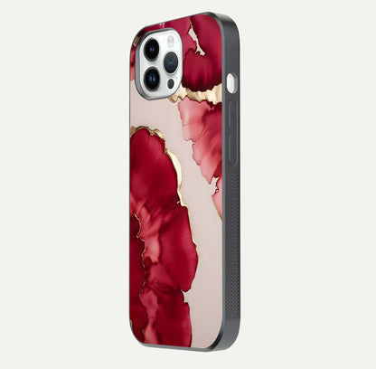 Pink & White Marble Glass Case for iPhone 14 Pro side-angle image showing depth, gloss, and scenic details