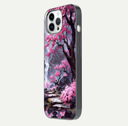 Pinkish Scenery Glass Case for iPhone 14 Pro side-angle image showing depth, gloss, and scenic details