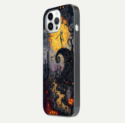 Pumpkin Moon Night Glass Case for iPhone 14 Pro side-angle image showing reflection depth and pumpkin pattern