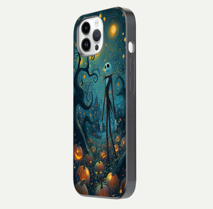 Pumpkin Moonlight Tale Glass Case for iPhone 14 Pro side-angle image showing glow texture and Halloween vibe
