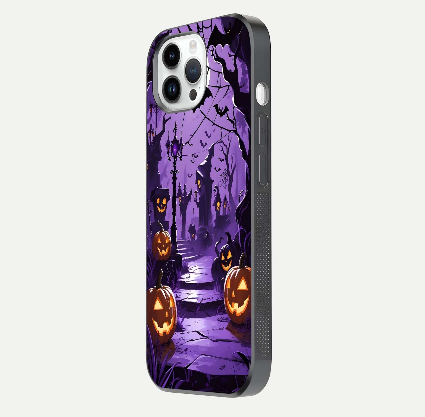 Pumpkin Patch Halloween Glass Case for iPhone 14 Pro side-angle image showing shine, camera cutout, and spooky art
