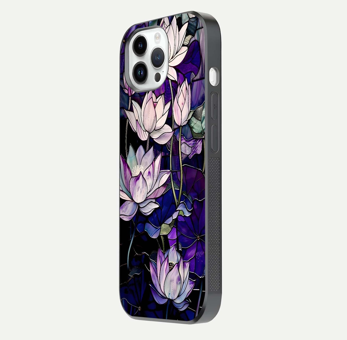 Purple Lotus Pattern Glass Case for iPhone 14 Pro side-angle image showing reflection depth and lotus detail