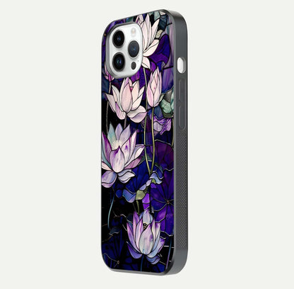 Purple Lotus Pattern Glass Case for iPhone 14 Pro side-angle image showing reflection depth and lotus detail