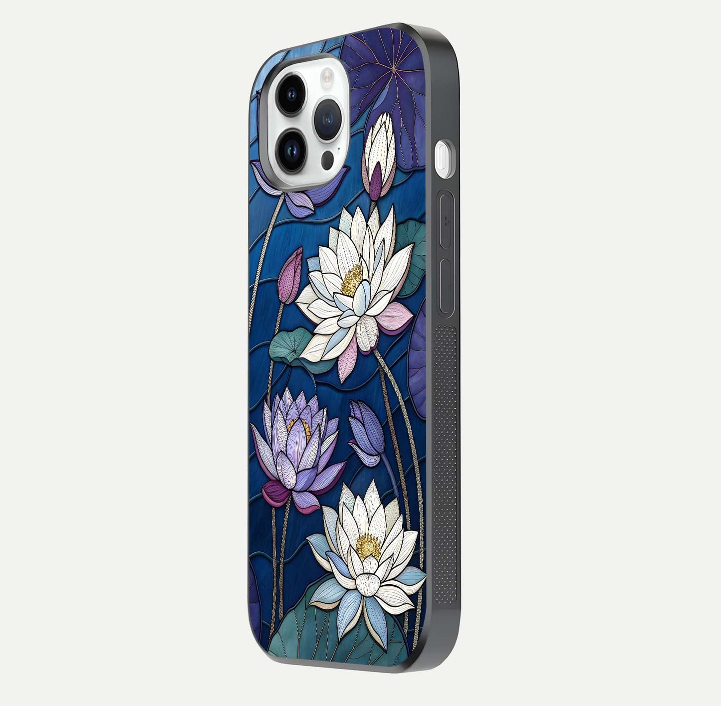 Purple Lotus Stained Glass Case for iPhone 14 Pro side-angle image showing gloss, reflection, and intricate detailing