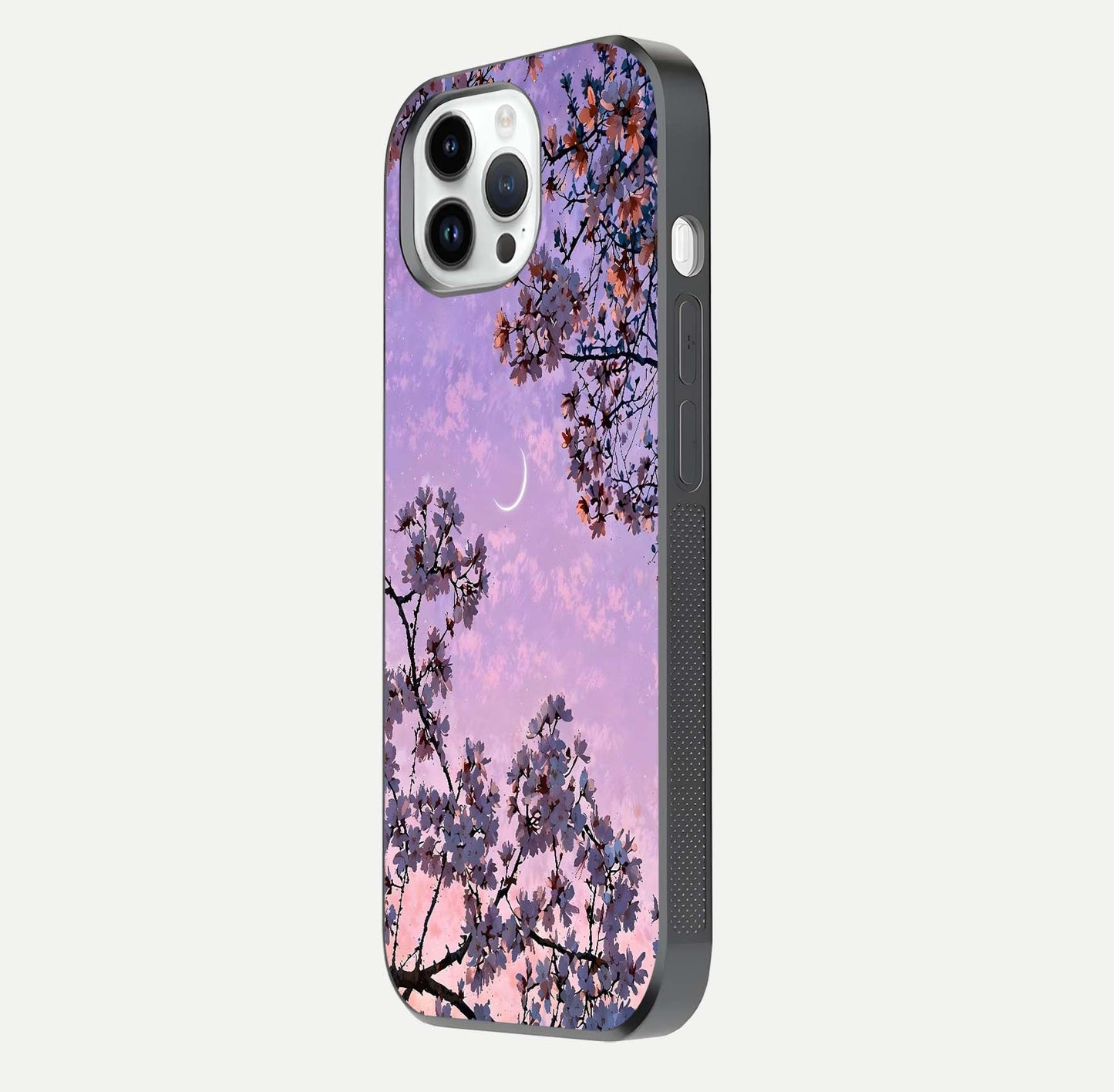 Purple Serenity Moon Glass Case for iPhone 14 Pro side-angle image showing reflection and lunar art precision