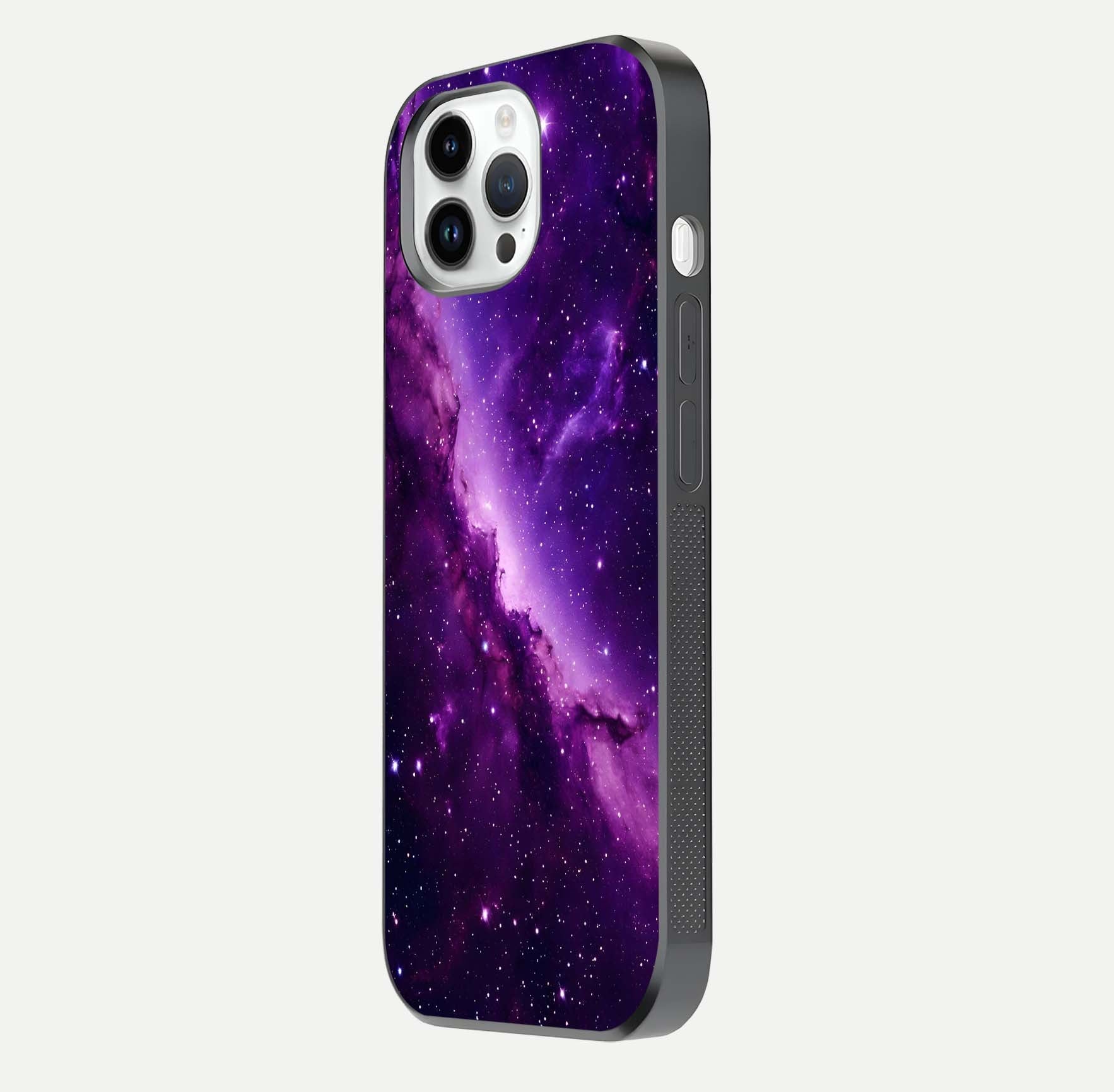 Purple Shade Sky Glass Case for iPhone 14 Pro side-angle image showing shine and soft violet blend