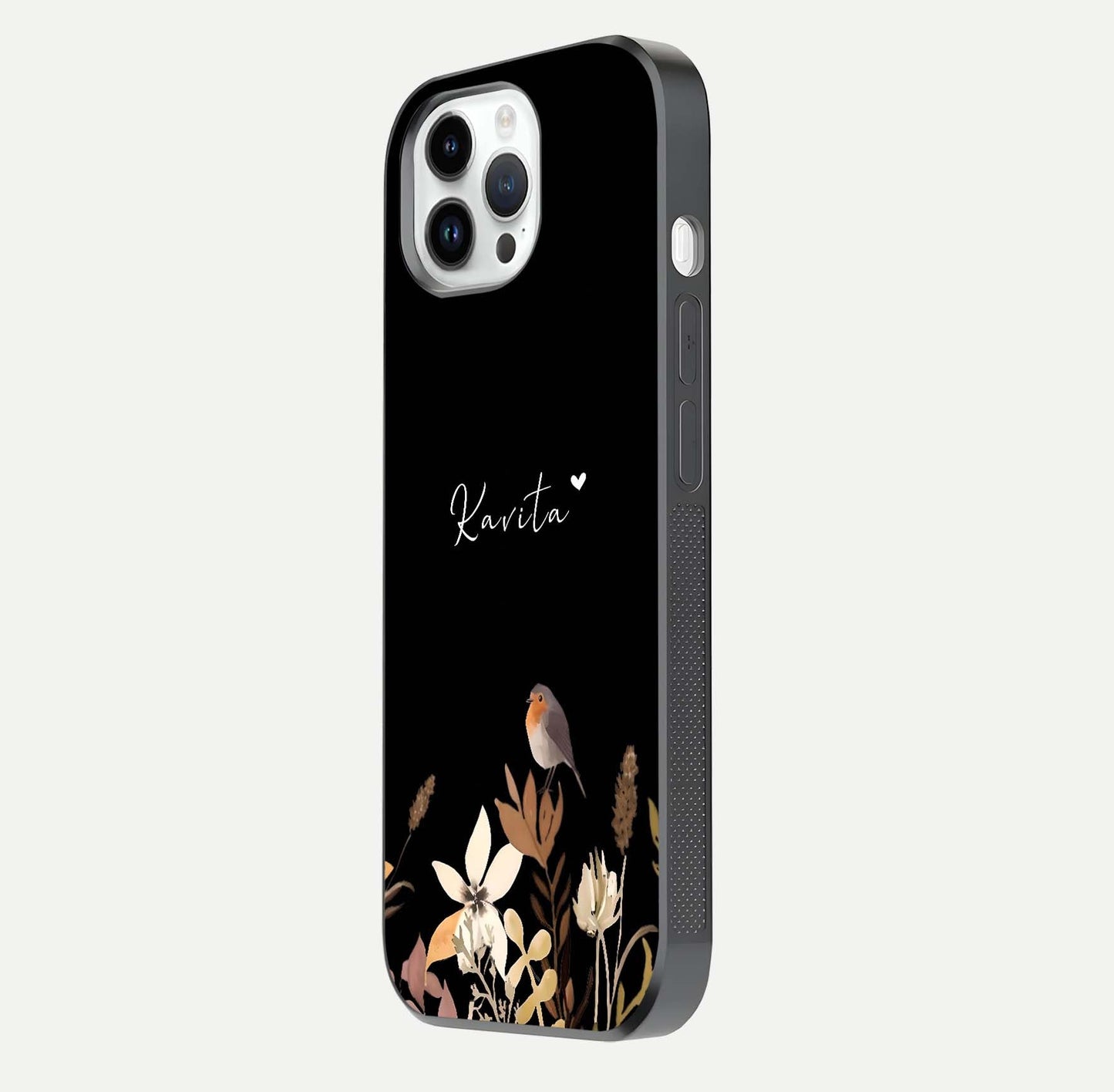 Quiet Garden Tune Custom Name Glass Case for iPhone 14 Pro side-angle image showing reflection and floral design