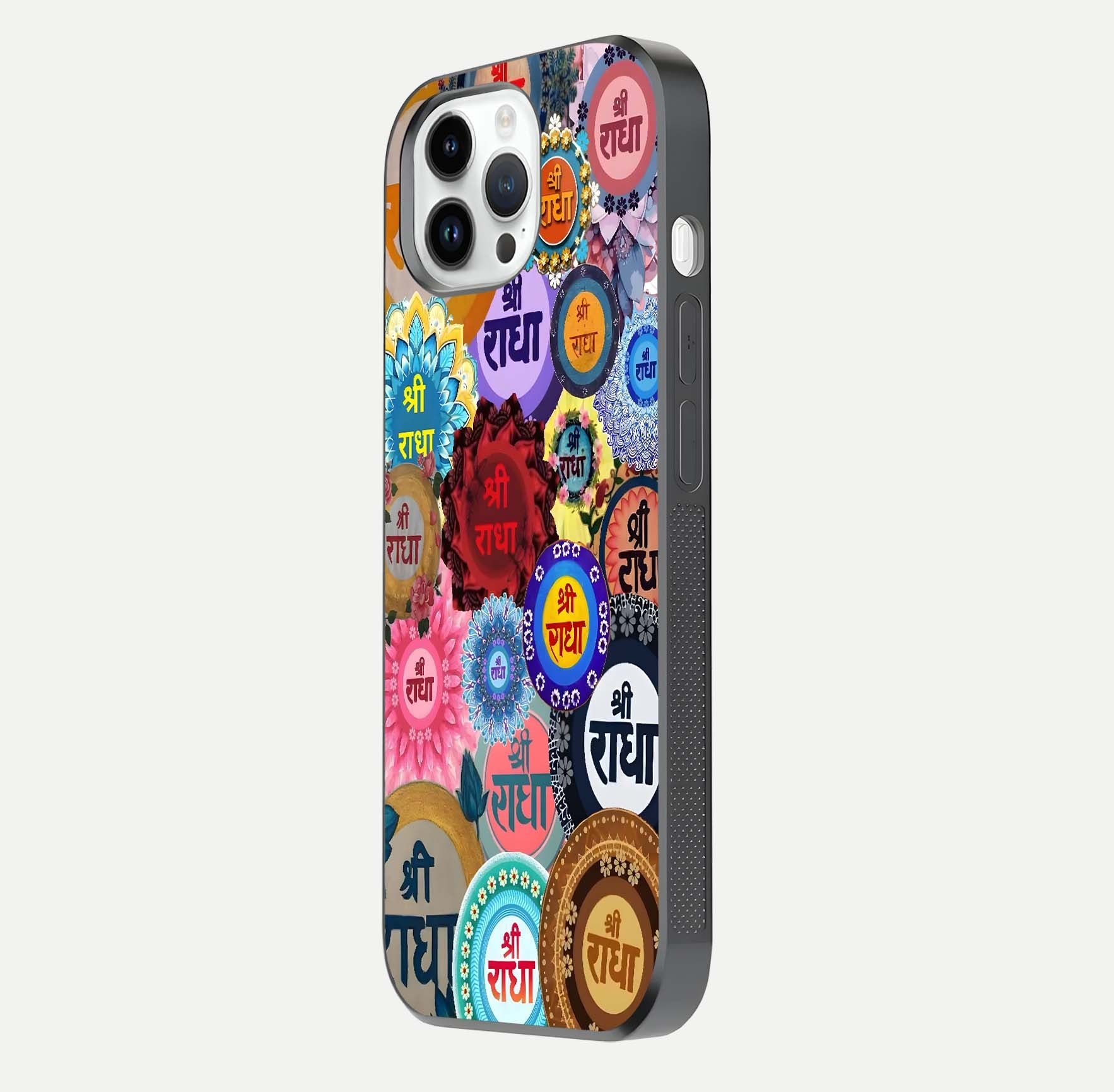 Radha Divine Bloom Glass Case for iPhone 14 Pro side-angle image showing shine, reflection, and floral motif