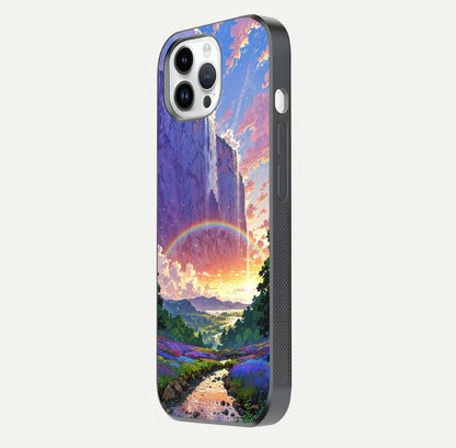Rainbow Valley Dream Glass Case for iPhone 16 Pro side-angle image showing light reflection and scenic tones