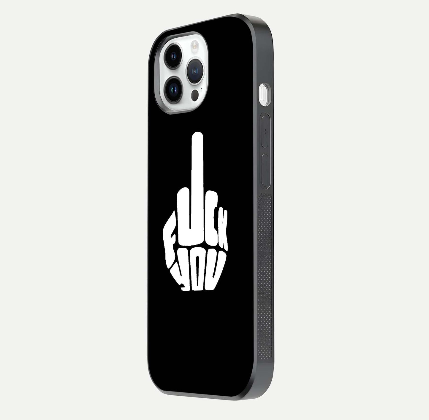Rebel Mode On Glass Case for iPhone 14 Pro side-angle image showing reflection, edge detail, and text clarity