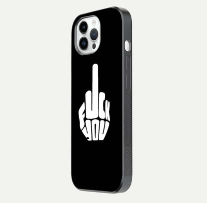Rebel Mode On Glass Case for iPhone 14 Pro side-angle image showing reflection, edge detail, and text clarity