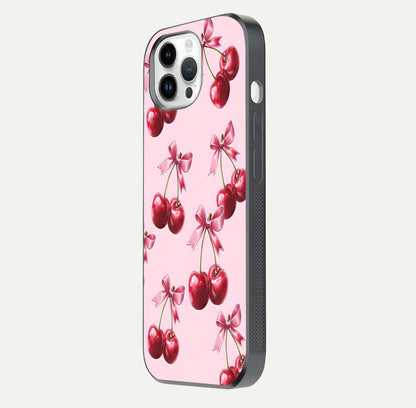 Red Cherries Pattern Glass Case For iPhone 14 Pro