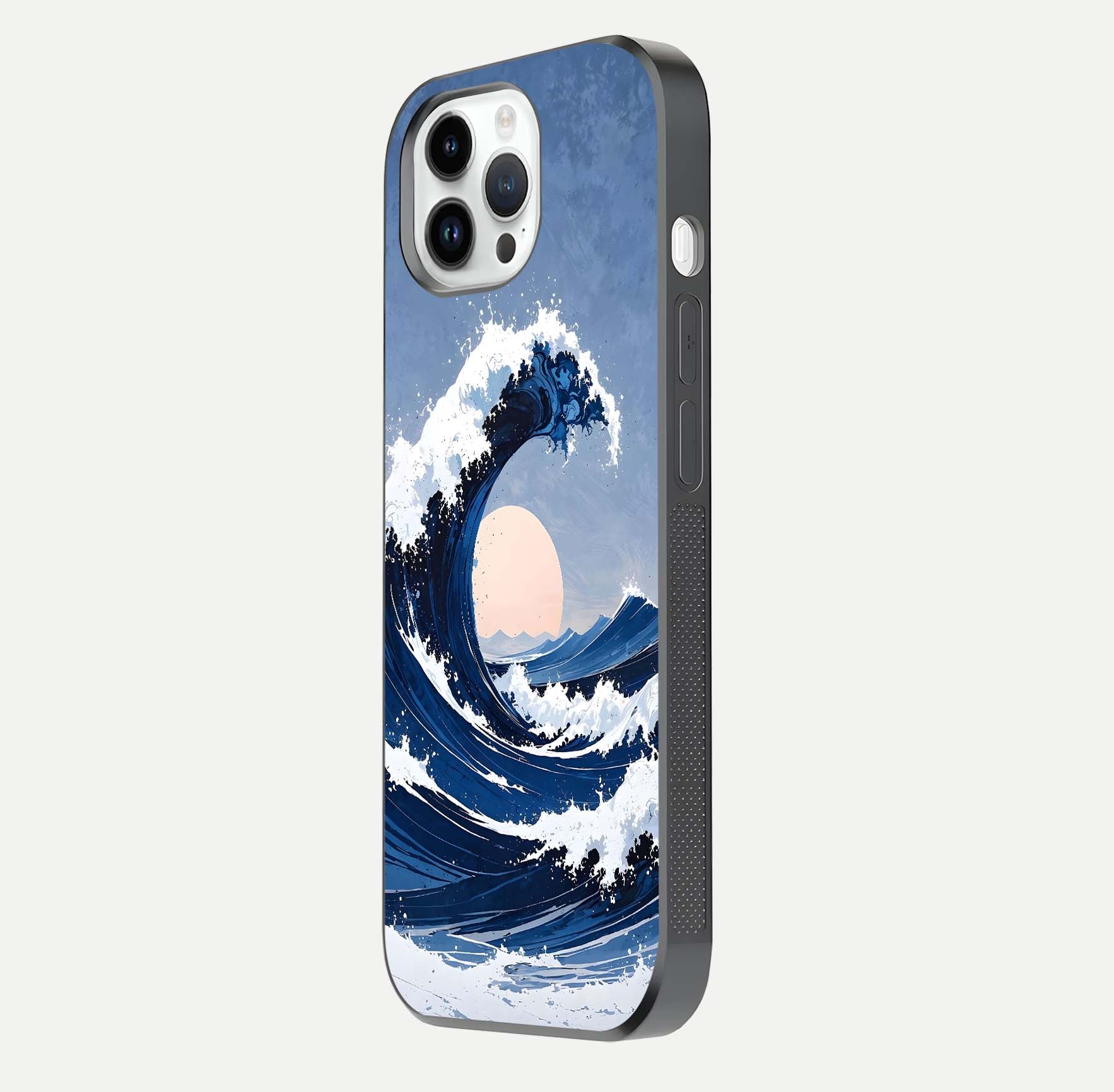 Rising Tide Power Glass Case for iPhone 14 Pro side-angle image showing shine and detailed ocean art