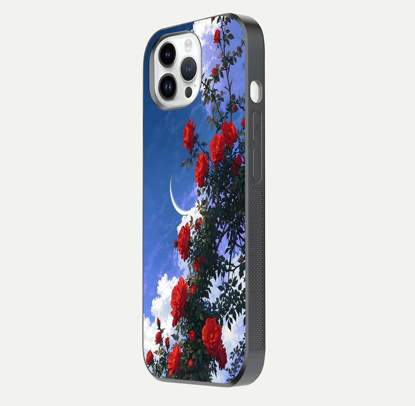 Rose Drift Flowers Glass Case for iPhone 14 Pro side-angle image showing reflection and petal detail