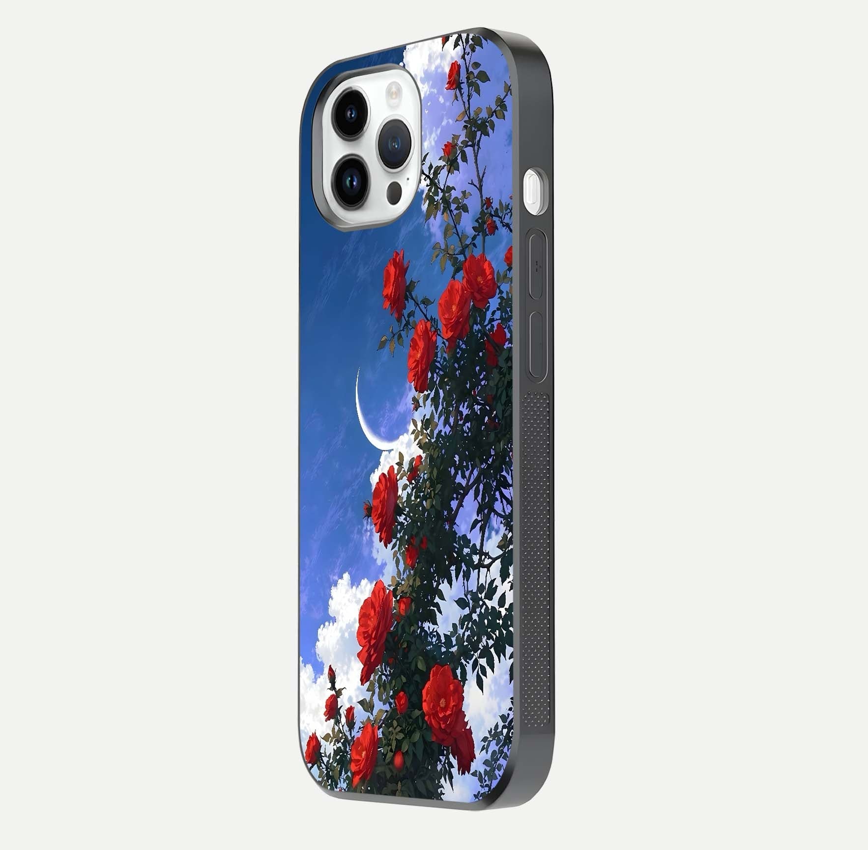 Rose Drift Flowers Glass Case for iPhone 14 Pro side-angle image showing reflection and petal detail
