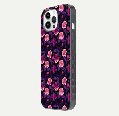 Rose Garden Twilight Glass Case for iPhone 14 Pro side-angle image showing reflection, gloss, and floral detail