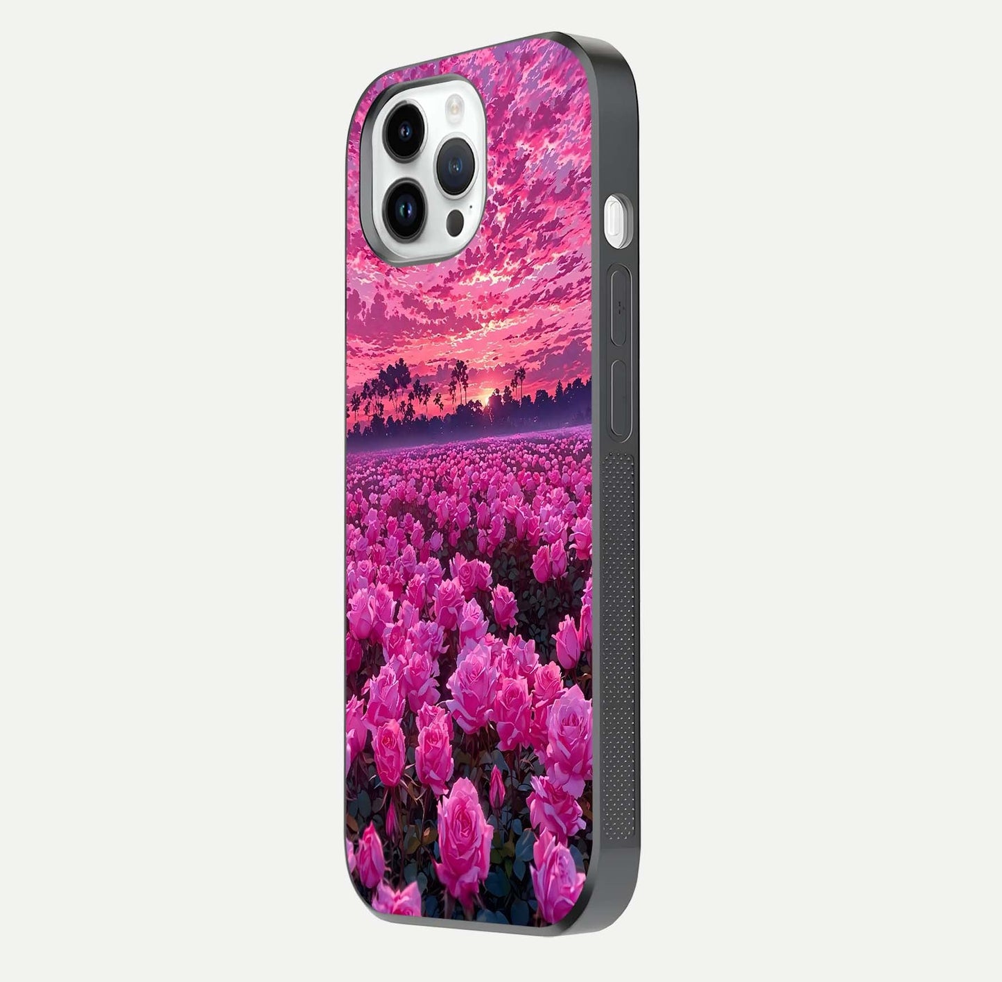 Rose Sunset Valley Glass Case for iPhone 14 Pro side-angle image showing smooth edges and floral glow