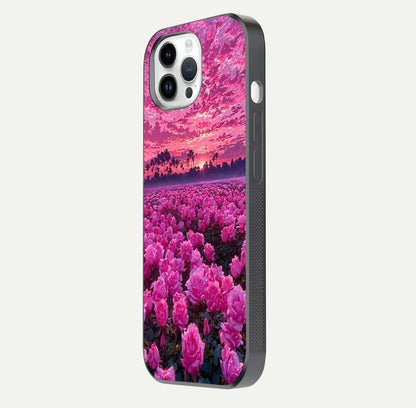 Rose Sunset Valley Glass Case for iPhone 14 Pro side-angle image showing smooth edges and floral glow