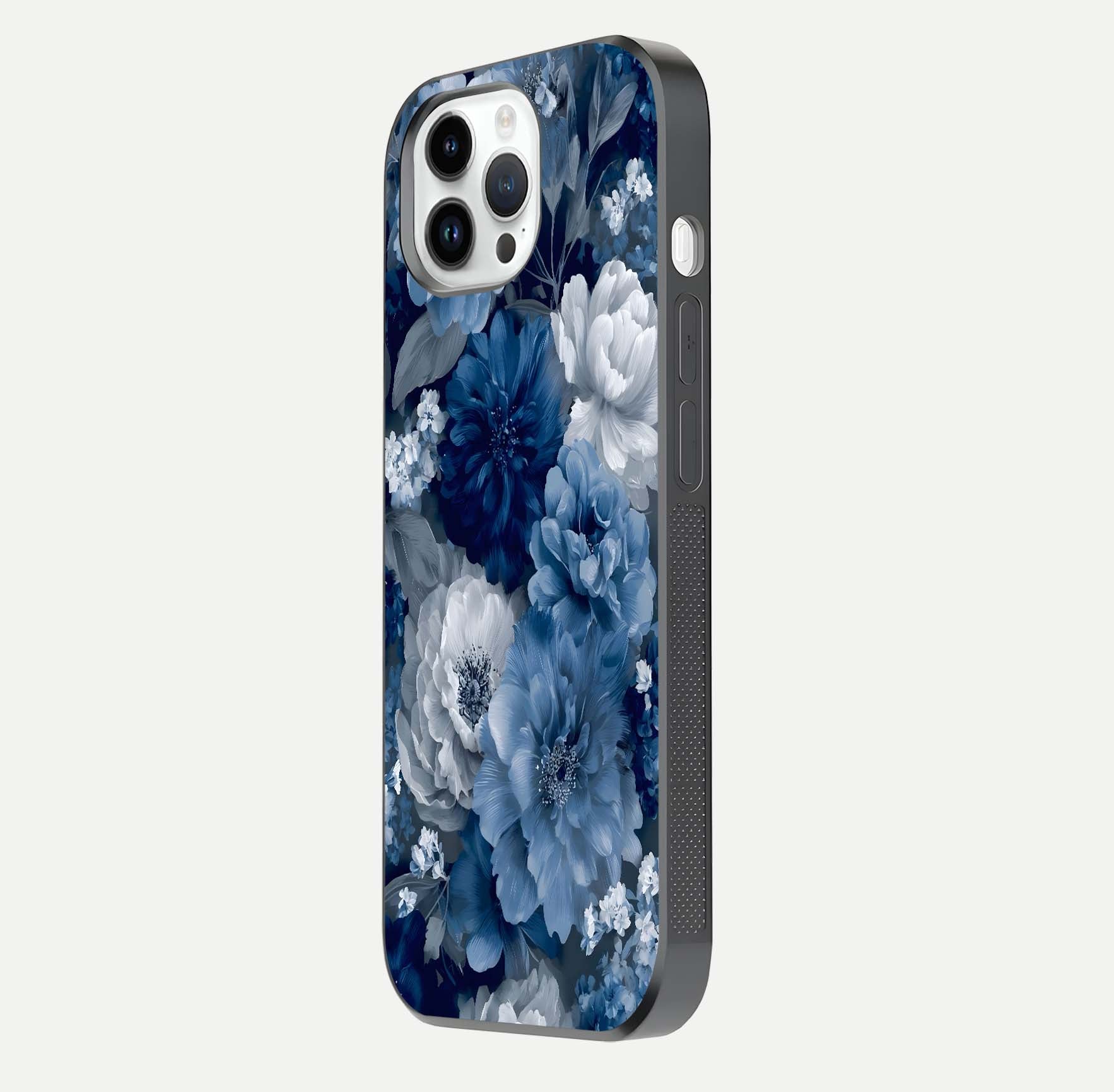 Royal Bloom Garden Glass Case for iPhone 14 Pro side-angle image showing floral pattern, edges, and reflection