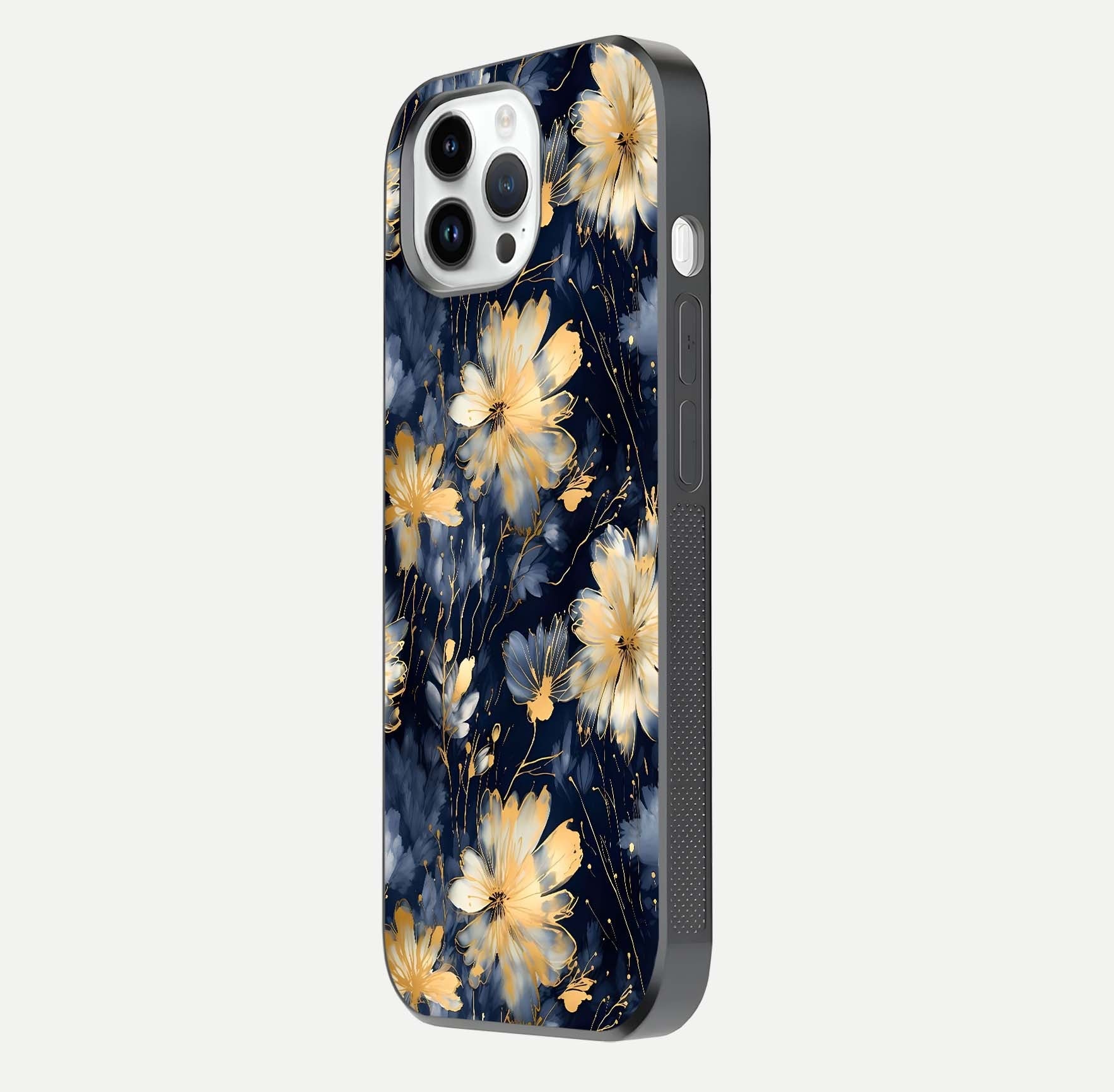 Royal Petal Dream Glass Case for iPhone 14 Pro side-angle image showing smooth edges and royal bloom details