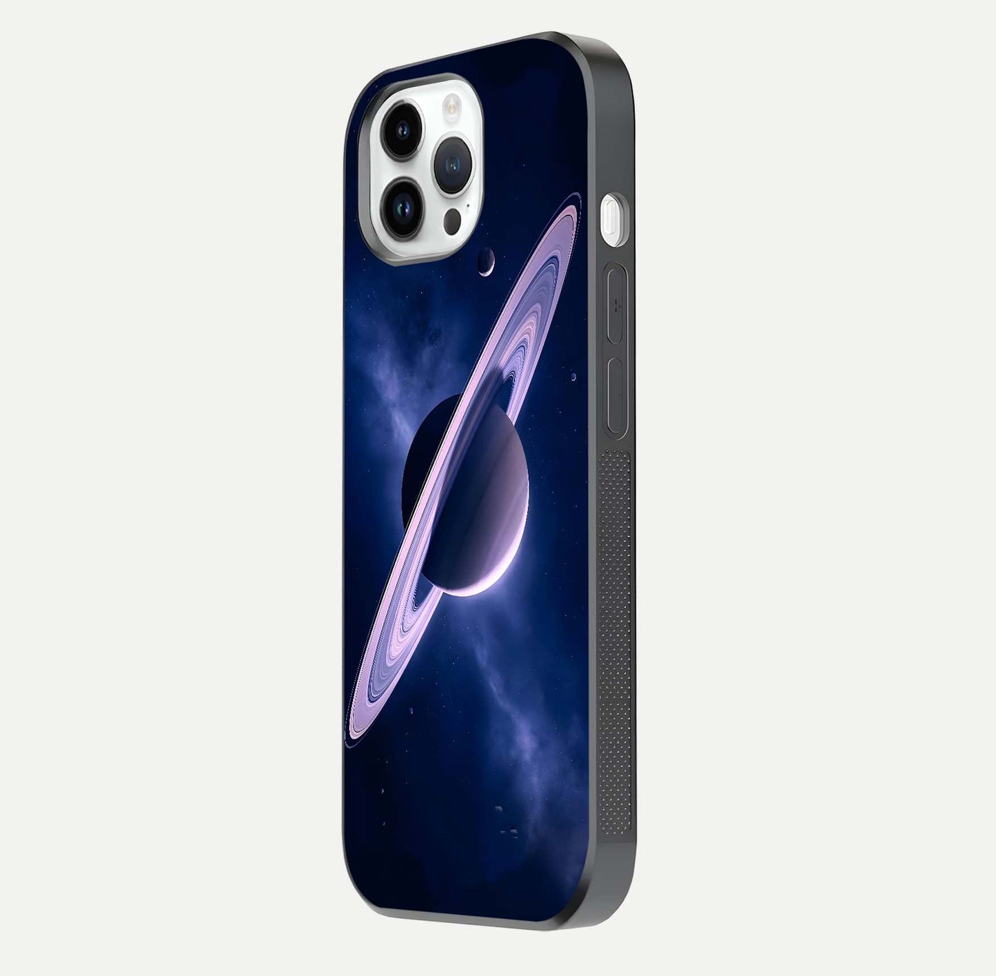 Saturn Ring Mystique Glass Case for iPhone 14 Pro side-angle image showing shine and galaxy ring focus