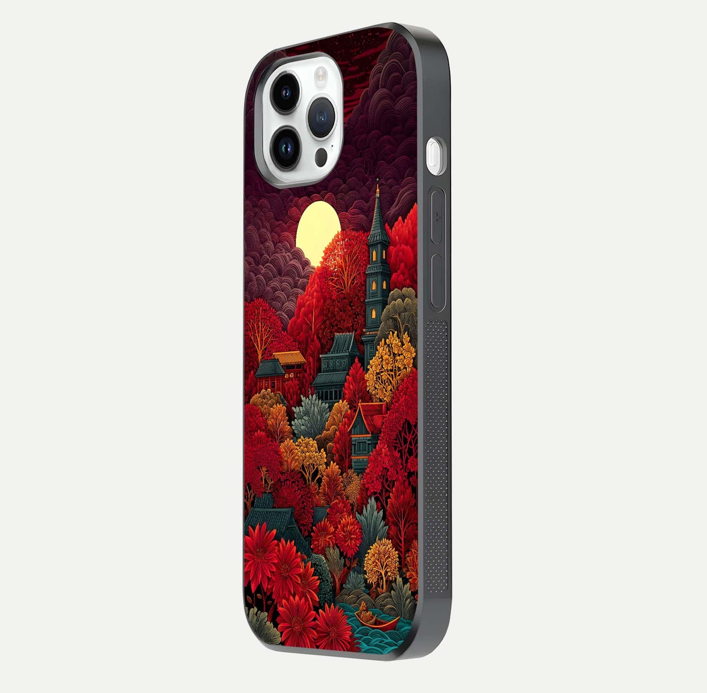 Scarlet Autumn Temple Glass Case for iPhone 14 Pro side-angle image showing color depth and reflection clarity