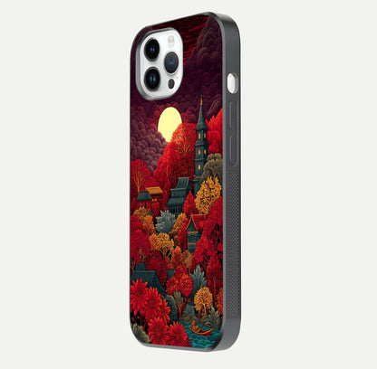 Scarlet Autumn Temple Glass Case for iPhone 14 Pro side-angle image showing color depth and reflection clarity