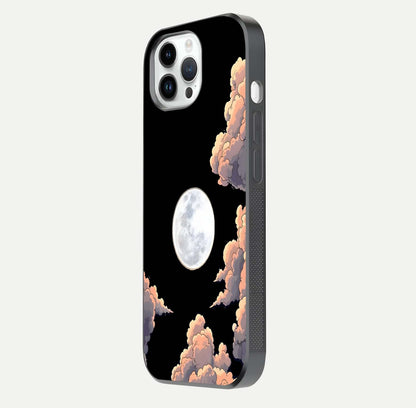 Shade Cloud Moon Glass Case for iPhone 14 Pro side-angle image showing reflection and night-sky detail