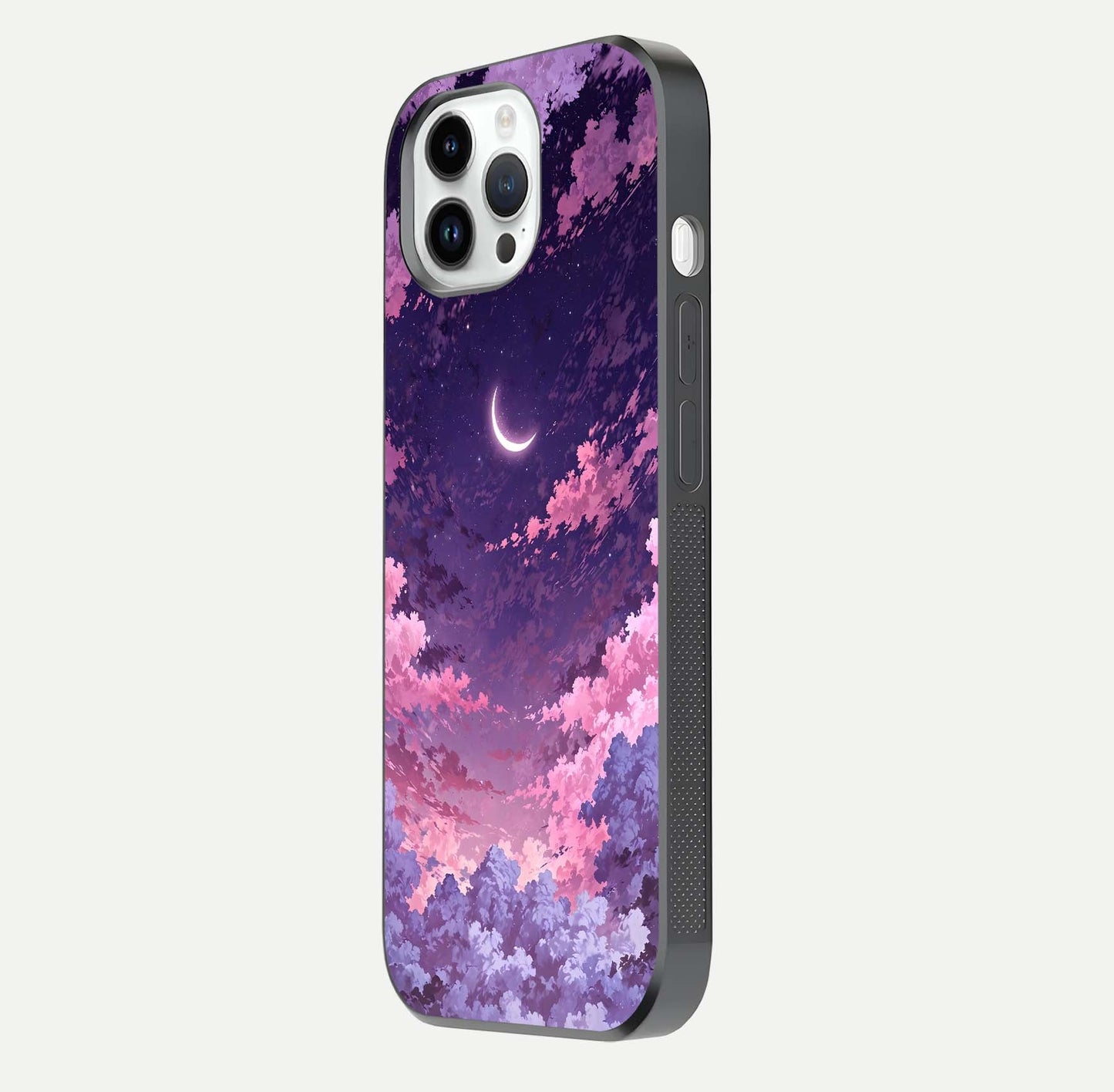 Sky Drift Clouds Glass Case for iPhone 14 Pro side-angle image showing reflection, blue tones, and soft gradient