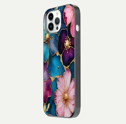 Sparkle Floral Glass Case for iPhone 14 Pro side-angle image showing reflection, gloss, and floral texture