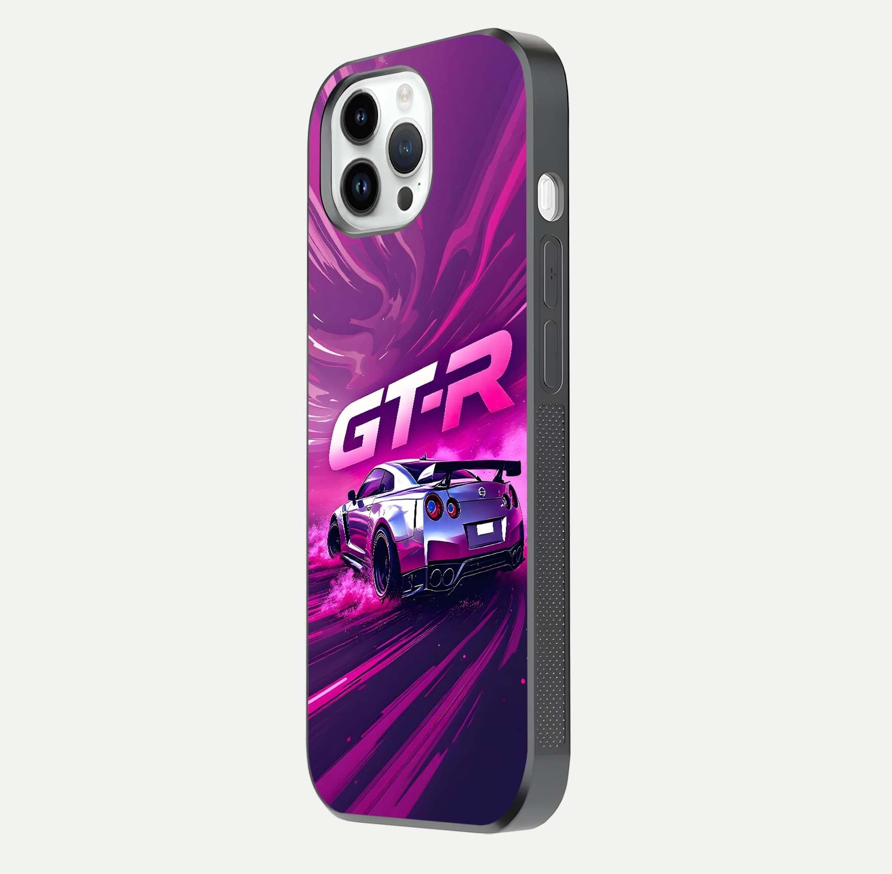 Speed Drift Legend Glass Case for iPhone 14 Pro side-angle image showing car print reflection and surface gloss