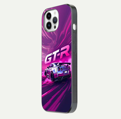Speed Drift Legend Glass Case for iPhone 14 Pro side-angle image showing car print reflection and surface gloss
