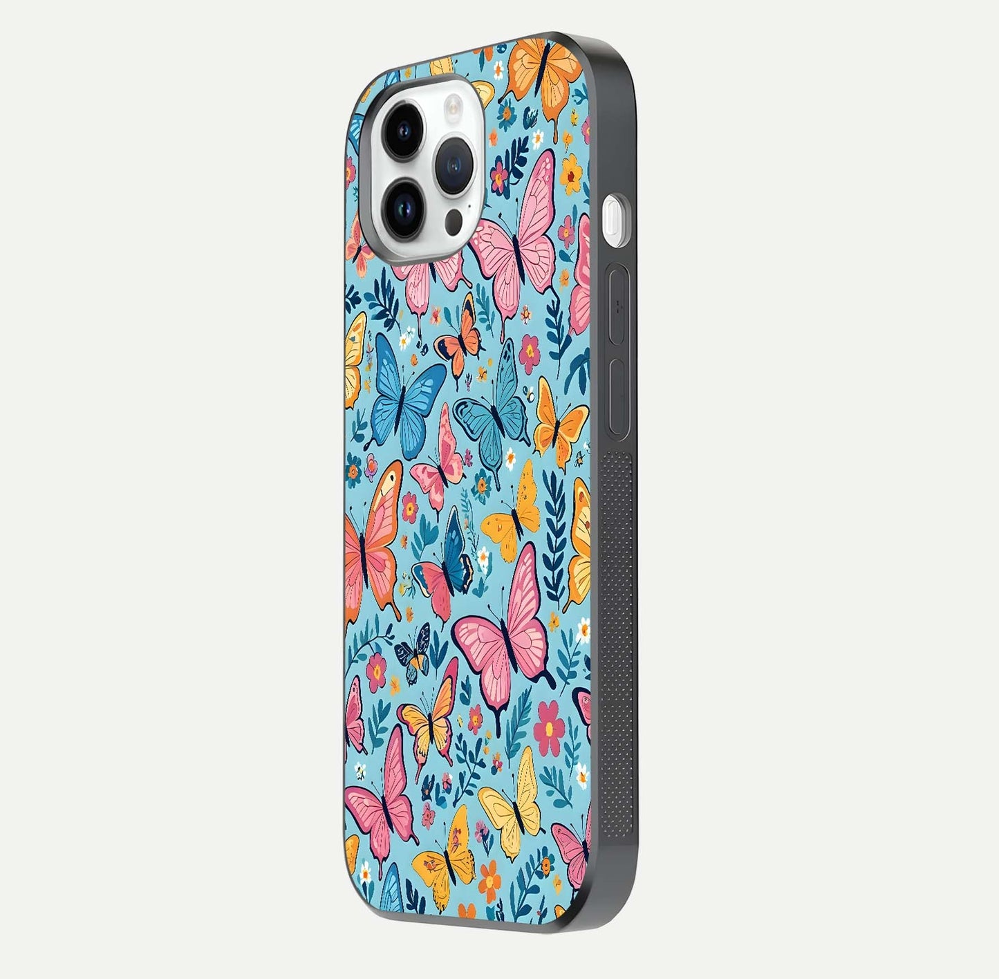 Spring Wing Garden Glass Case for iPhone 14 Pro side-angle image showing shine, color, and pattern depth