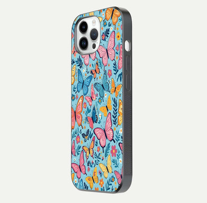 Spring Wing Garden Glass Case for iPhone 14 Pro side-angle image showing shine, color, and pattern depth