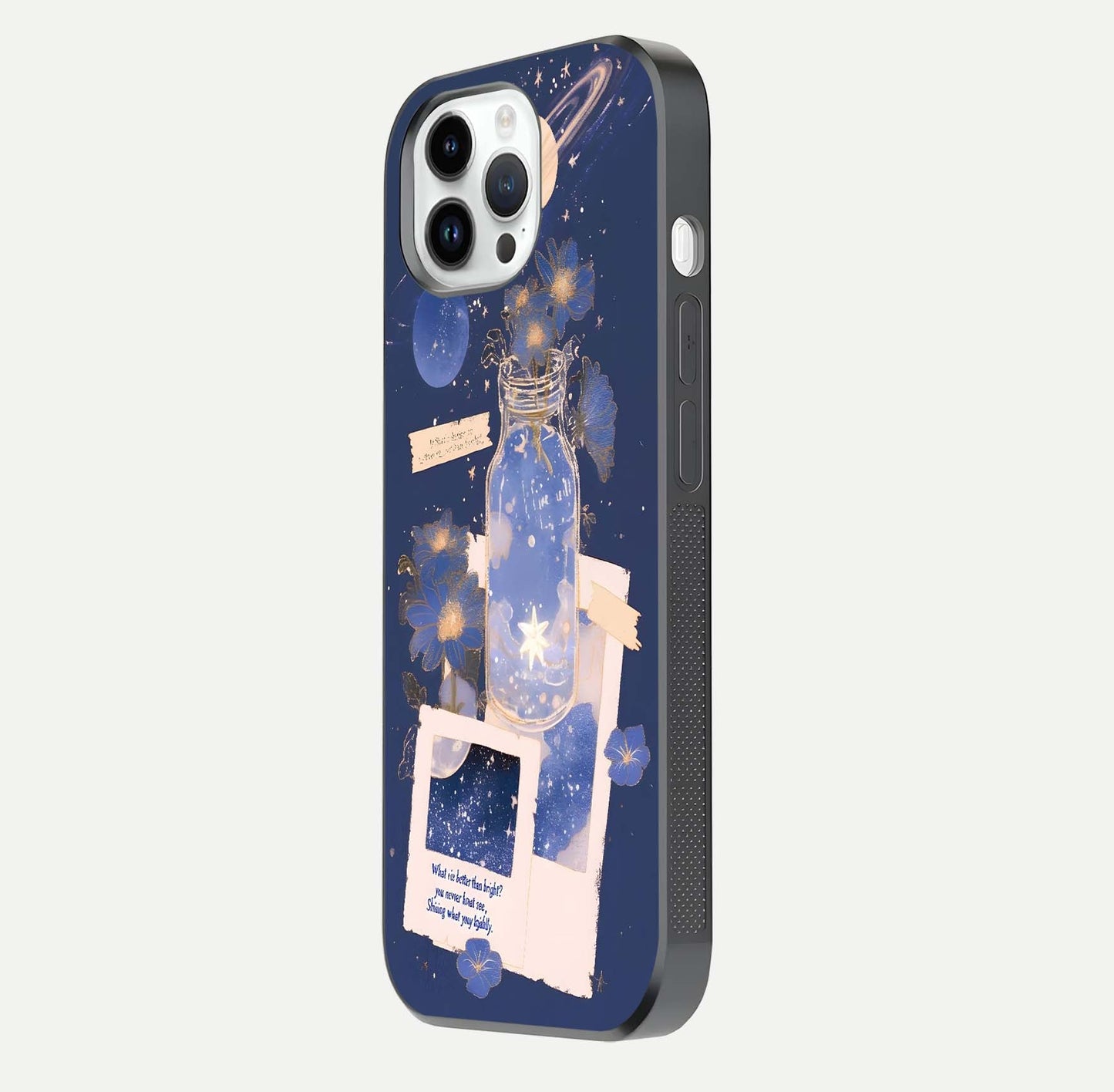 Starlit Cosmic Jar Glass Case for iPhone 14 Pro side-angle image showing glow, texture, and light reflection