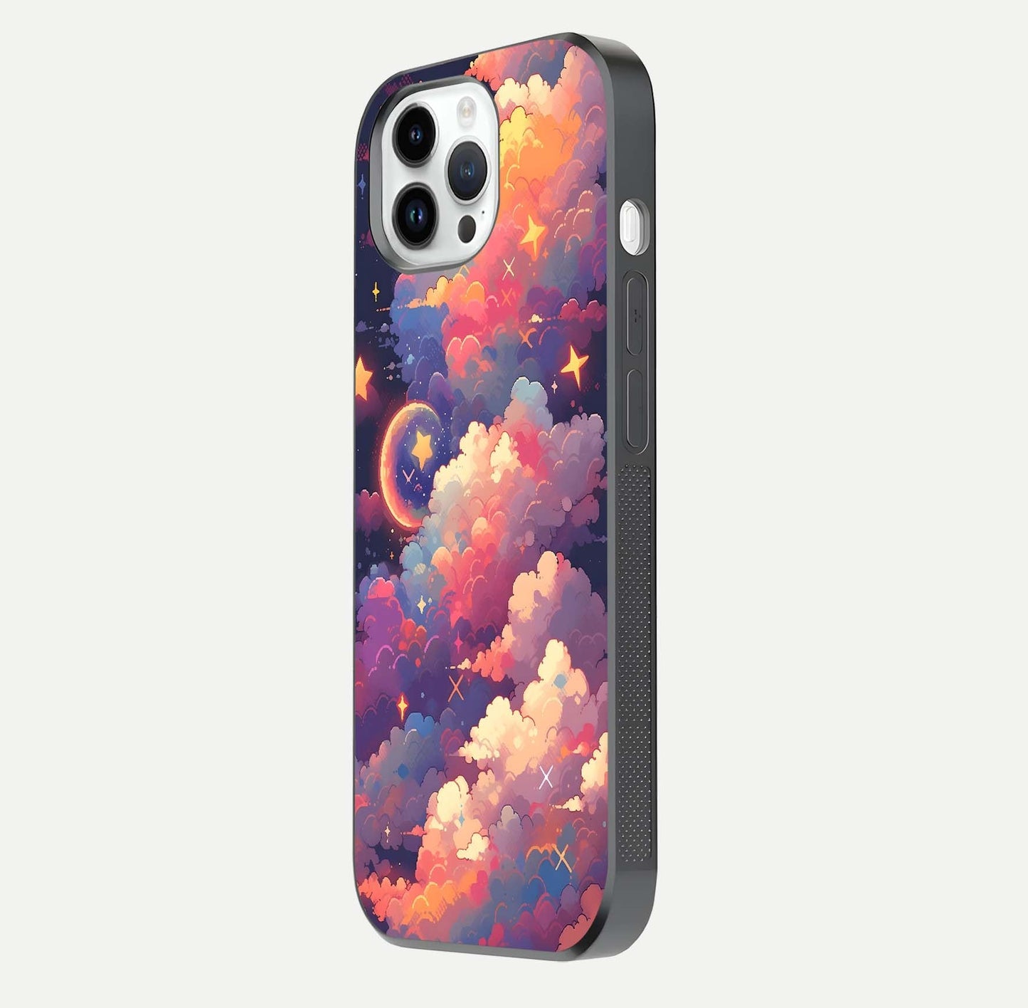Starlit Dream Clouds Glass Case for iPhone 14 Pro side-angle image showing shine, reflection, and dreamy tones