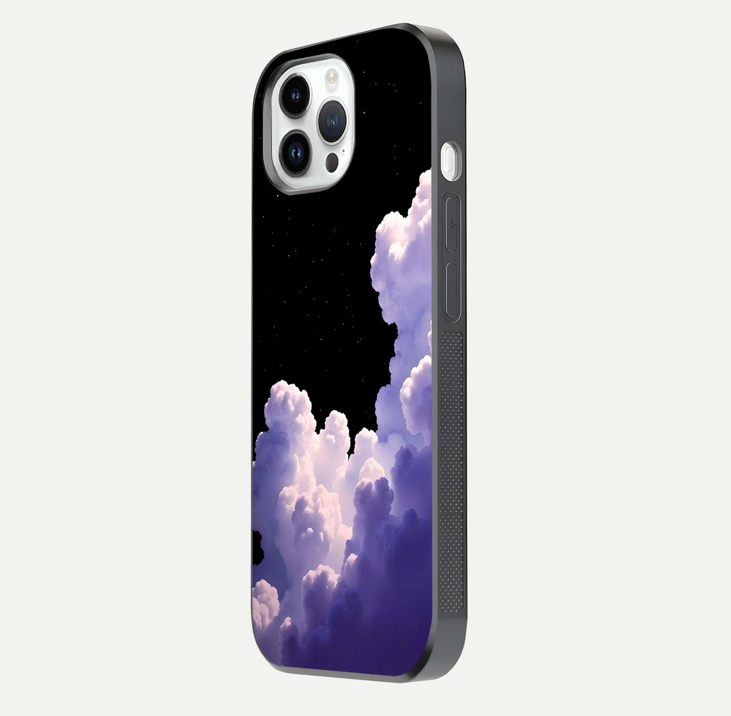 Starlit Night Whispers Glass Case for iPhone 14 Pro side-angle image showing reflection and night pattern shine