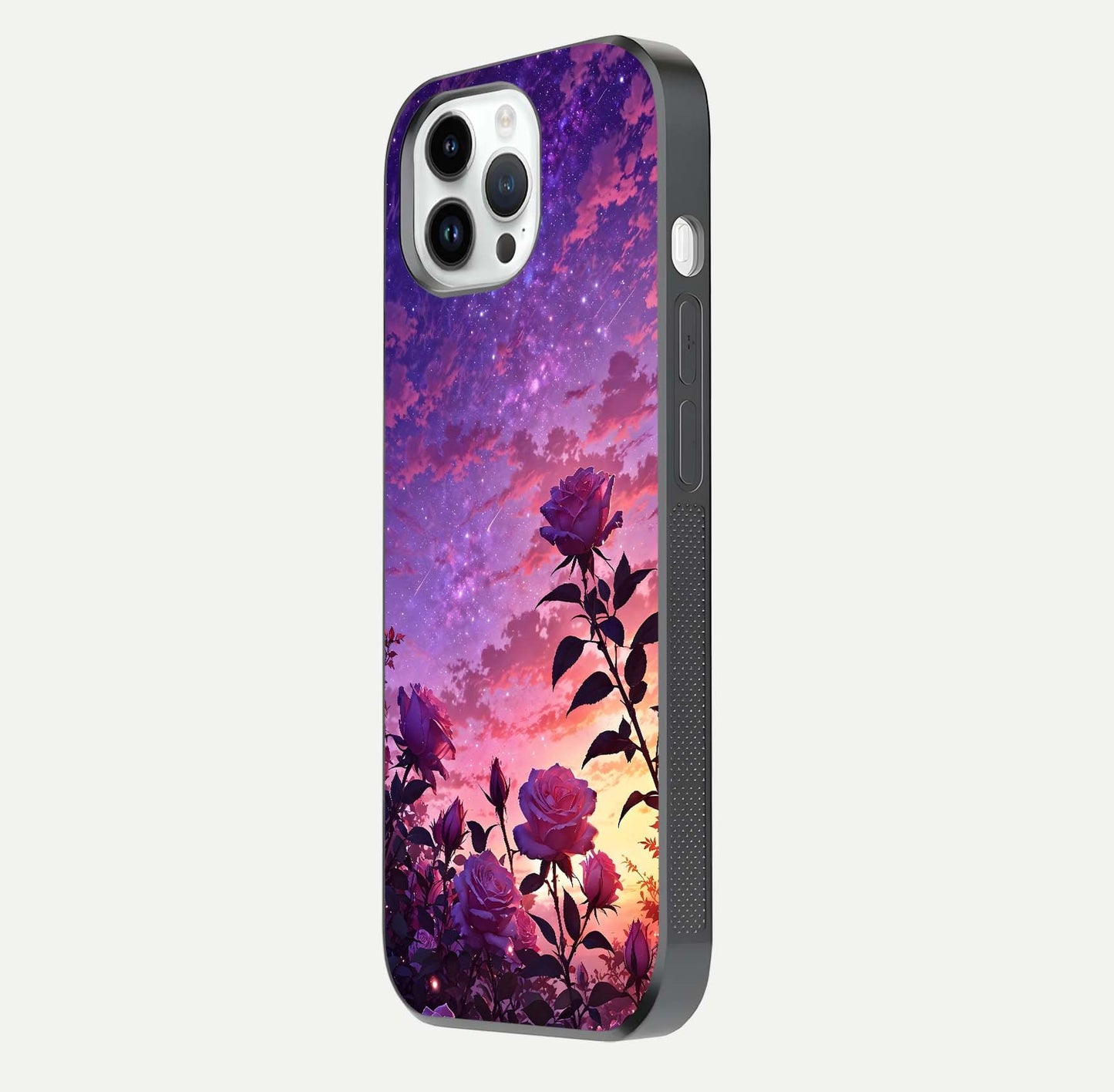 Starlit Rose Twilight Glass Case for iPhone 14 Pro side-angle image showing reflection and petal contrast