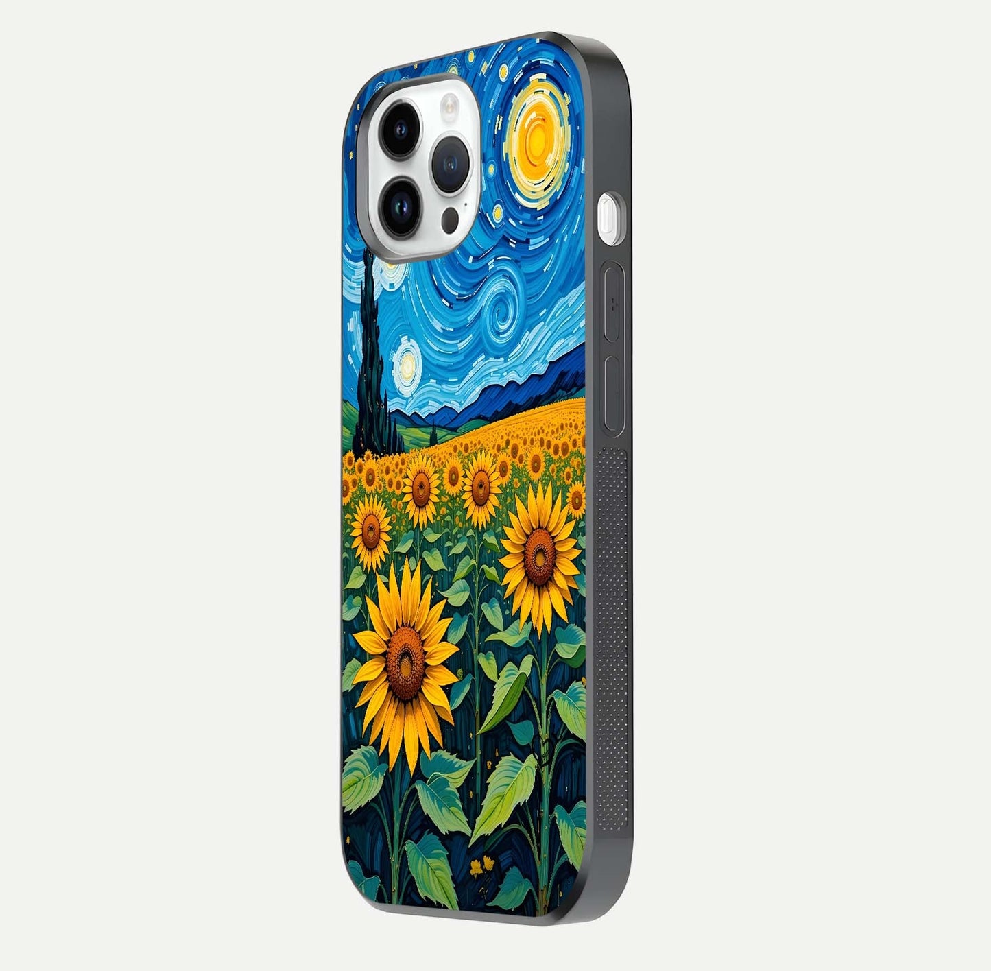 Starry Sunflower Dreams Glass Case for iPhone 14 Pro side-angle image showing reflection, stars, and yellow tone