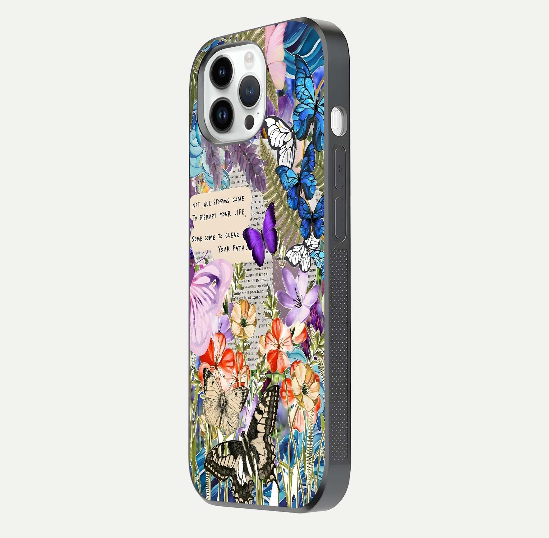 Storm Path Bloom Glass Case for iPhone 14 Pro side-angle image showing reflection, color contrast, and shine