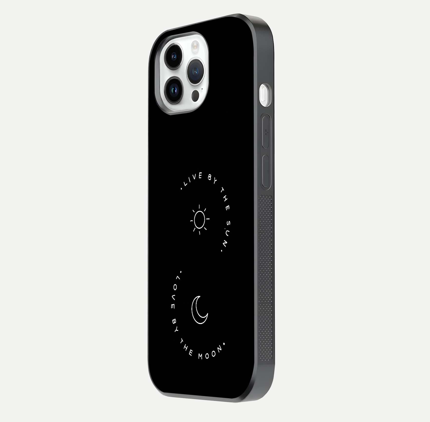 Sun Moon Balance Glass Case for iPhone 14 Pro side-angle image showing reflection and celestial detailing
