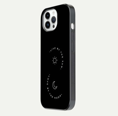 Sun Moon Balance Glass Case for iPhone 14 Pro side-angle image showing reflection and celestial detailing