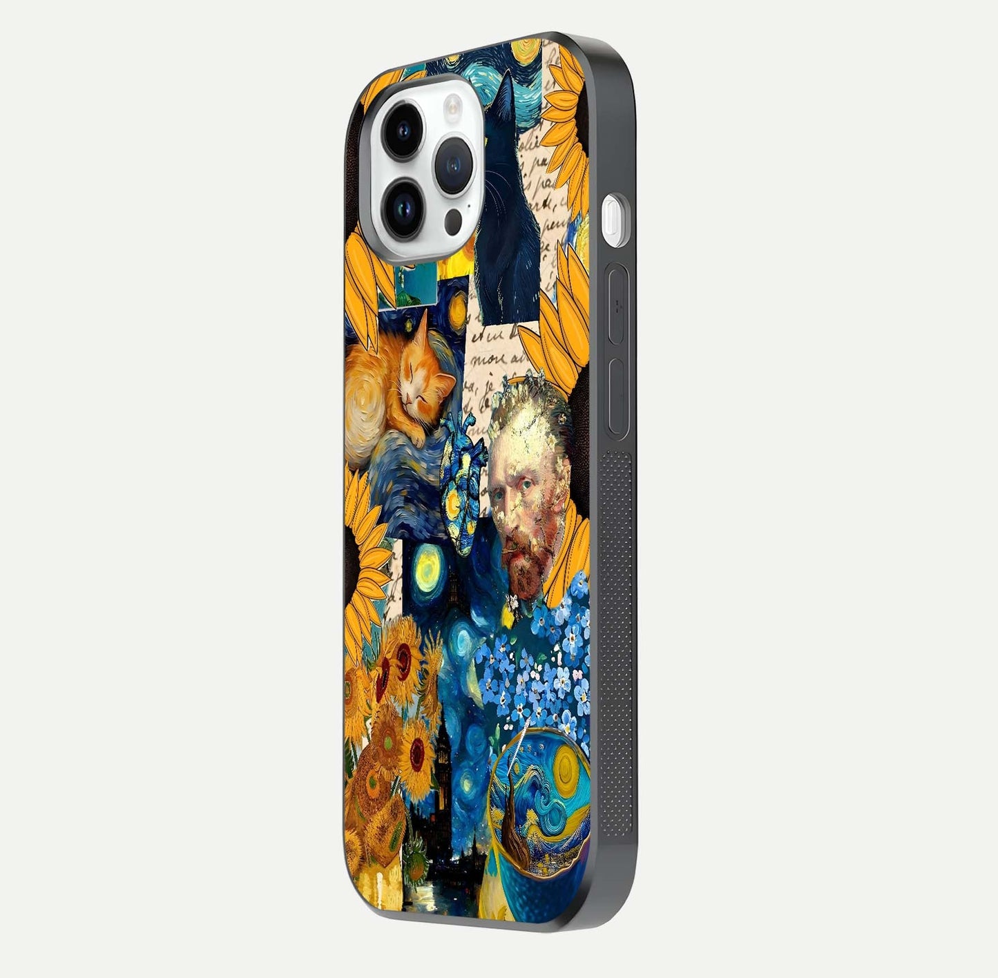 Sunflower Cat Art Glass Case for iPhone 14 Pro side-angle image showing shine, edges, and sunflower texture