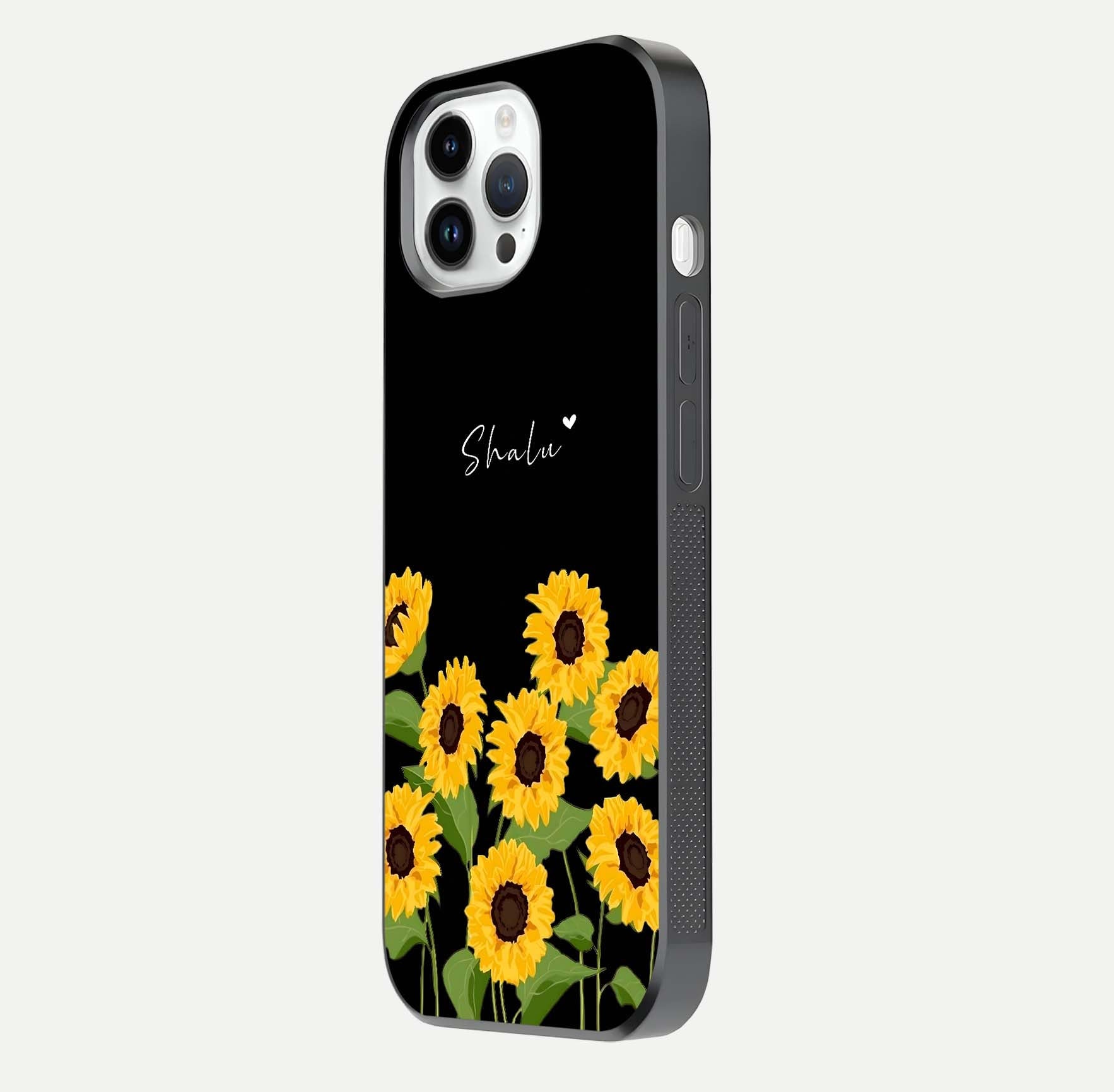 Sunflower Chic Mood Custom Name Glass Case for iPhone 16 Pro side-angle image showing reflection and yellow floral tone