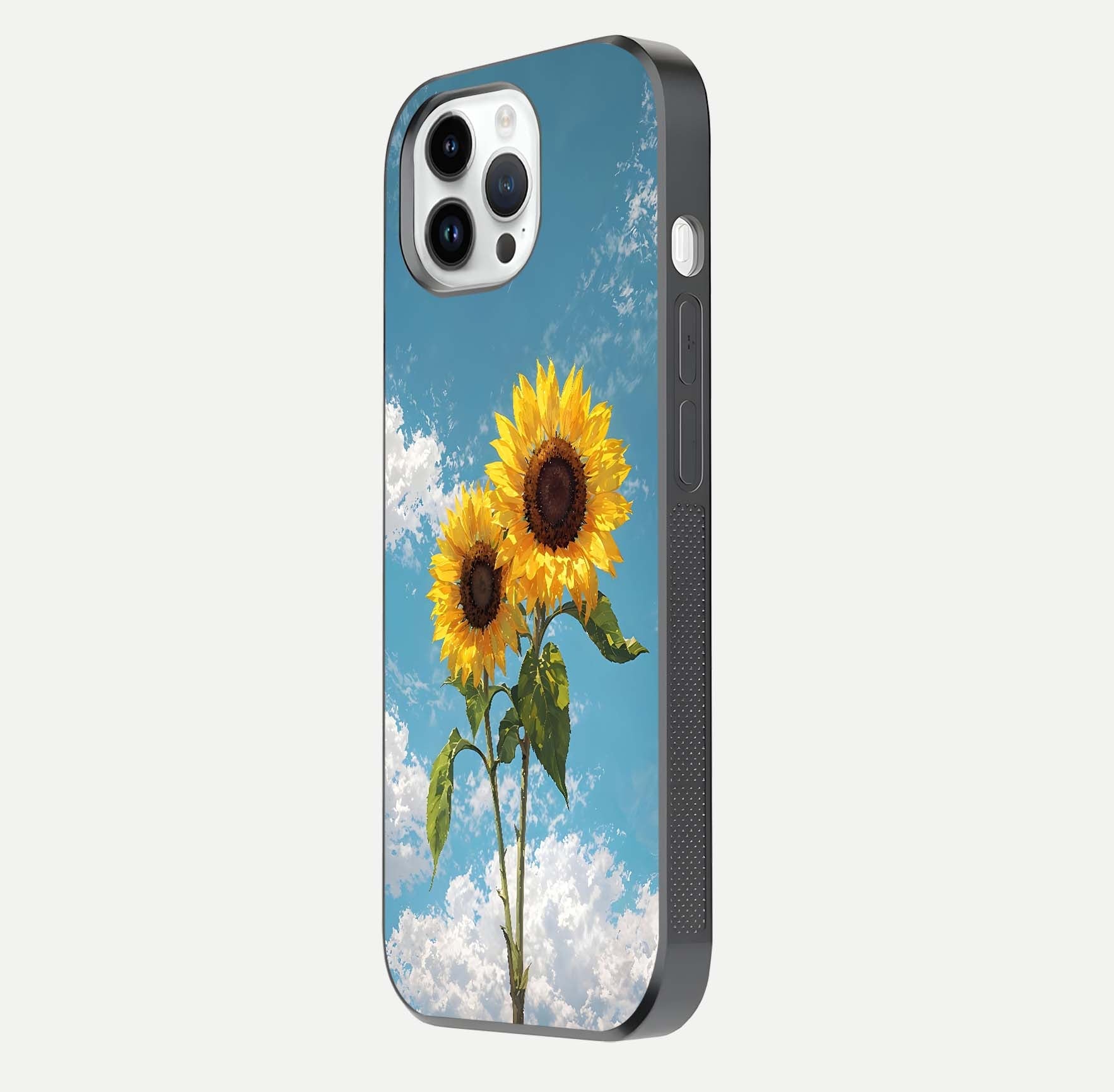 Sunflower Sky Bloom Glass Case for iPhone 14 Pro side-angle image showing reflection, edges, and sunflower color
