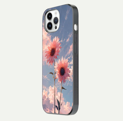 Sunlit Daisy Glow Glass Case for iPhone 14 Pro side-angle image showing shine, gloss, and floral highlight