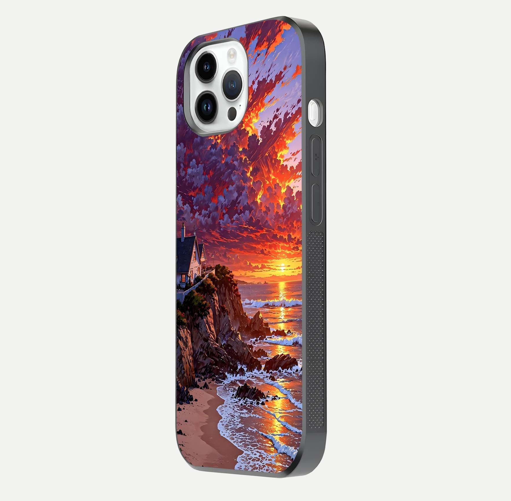 Sunset House by Sea Glass Case for iPhone 14 Pro side-angle image showing reflection and seaside color tone