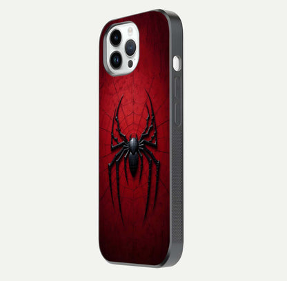 Venom Web Emblem Glass Case for iPhone 14 Pro side-angle image showing reflection and dark color tones